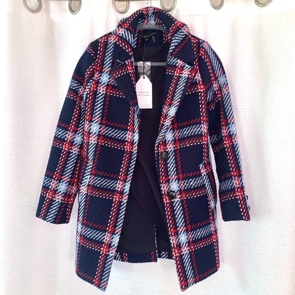 English Factory Navy Blue Plaid Coat - Picture 3 of 11